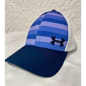 Under Armour Golf Hat Cap Stretch Fit Size Med/Lg Blue Striped Embroidered